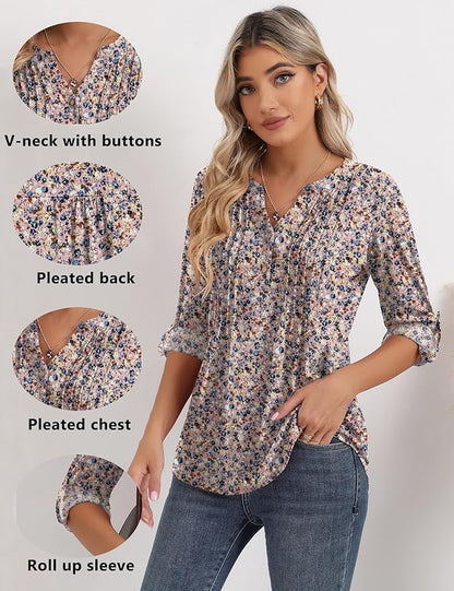 3/4 Sleeve Tops for Women V Neck Henley Long Sleeve Dressy Casual Shirts Ladies Loose Button-up Blouses Tunic