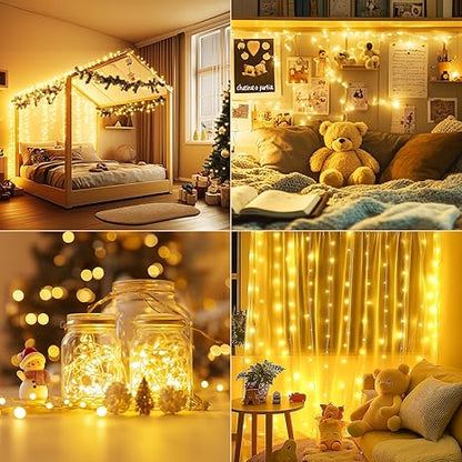 WdtPro Fairy Lights Battery Operated with Remote, 33Ft 100 LED Battery Powered String Lights with Timer, Outdoor Waterproof 8 Modes Twinkle Lights for Bedroom Indoor Christmas Decor Warm White, 4 Pack