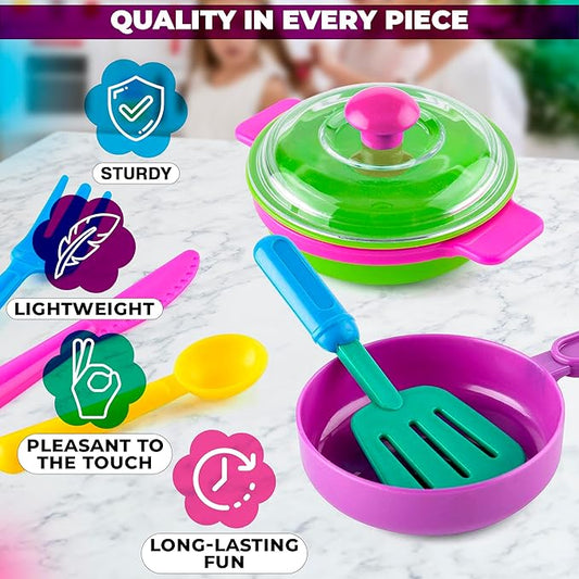 Play Dishes for Kids Kitchen - 27Pcs Smooth Surface  Colorful Outdoor Kids Kitchen Accessories, Realistic Details, Cute Design - Sturdy  Lightweight Plastic Play Pots and Pans, Toy Dishes  Utensils
