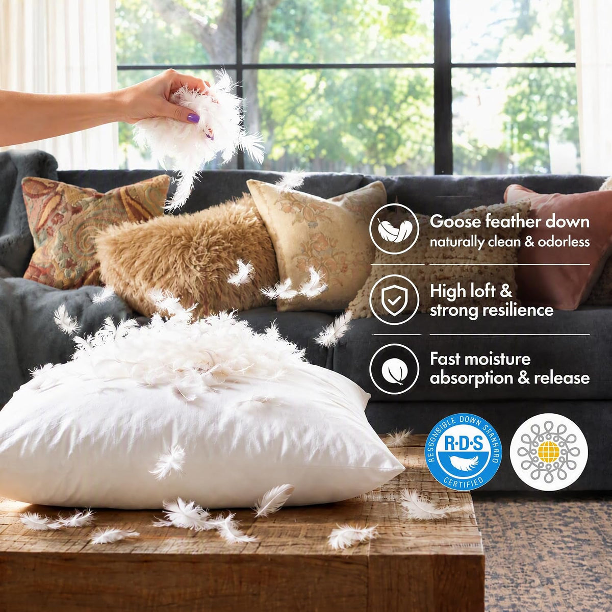 basic home® Hotel-Style Goose Feather Pillow Insert for Sofa & Bed - 100% Odorless & Plump Cushion Filler - 233TC Cotton with Inner Liner to Prevent Poking (22x22 Inch)