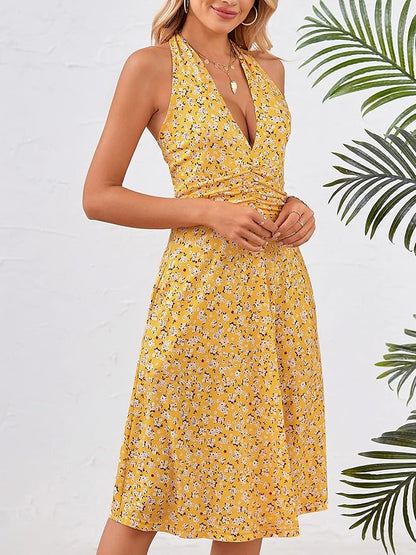 HUHOT Women's Summer Sundress Sleeveless Halter Neck Spring 2025 Floral with Pocket Elastic Waist Ruffle Mini Dresses