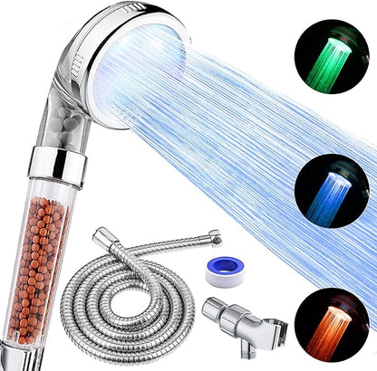 LED Shower Head with Handheld, Shower Head High Pressure Shower Head with Hose, Holder  PTFE Tape etc, 3 Water Temperature-Controlled Water Saving Filtered Shower Head for Dry Hair Skin