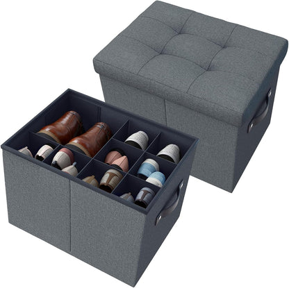 Adjustable Dividers Storage Ottoman Shoe Organizer Box for Closet,2 Pack Customizable Compartments, Versatile Storage Box for Shoes Clothes Toy Bedding, Foldable Foot Stool, Small Bench, Cabinet