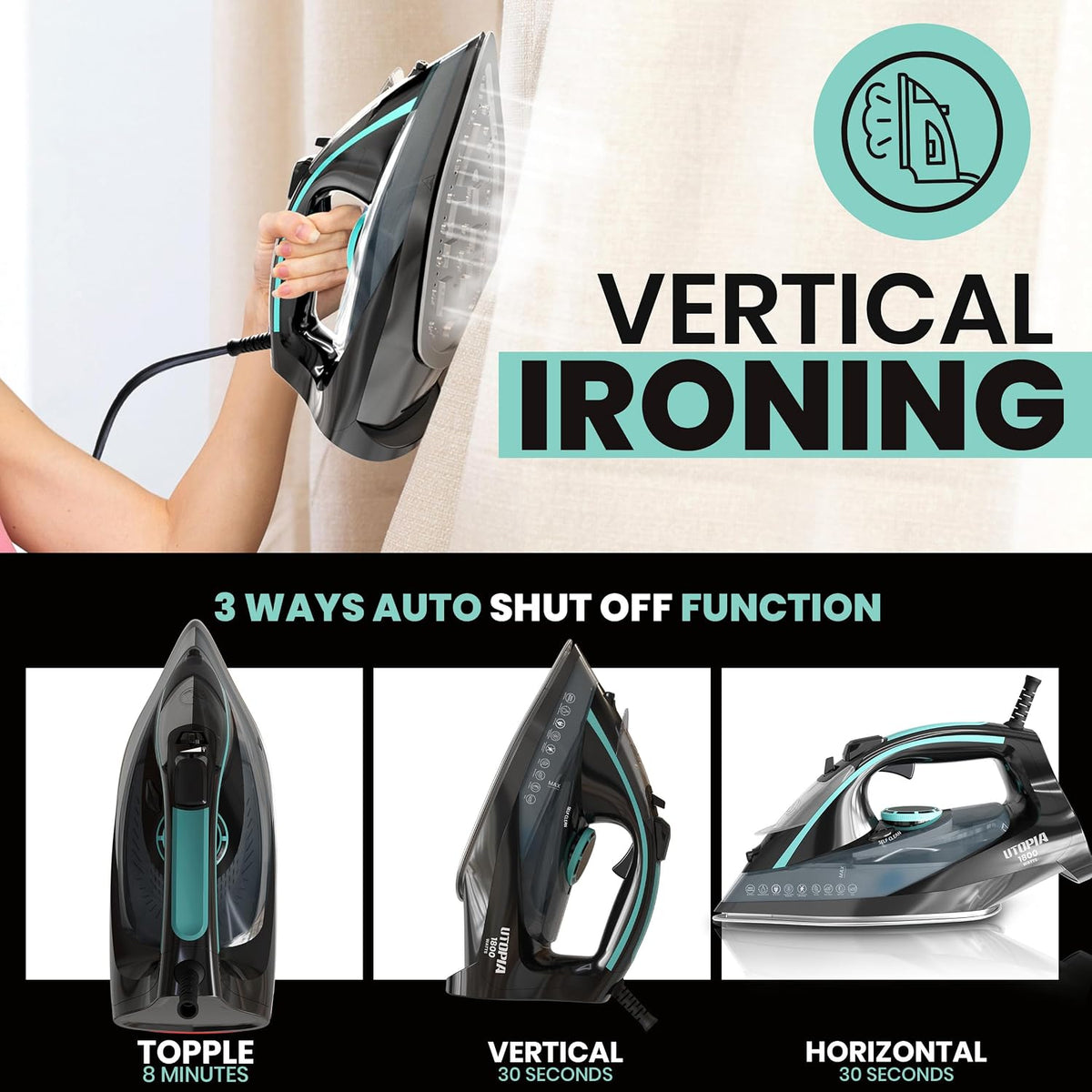 Utopia Home Steam Iron for Clothes - Non-Stick Soleplate - 1800W Clothes Iron With Auto-Off Safety Feature - Adjustable Thermostat Control, Variable Steam Control, Self-Clean, 8 Feet Cord (Black/Teal)