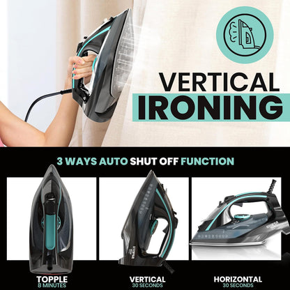 Utopia Home Steam Iron for Clothes - Non-Stick Soleplate - 1800W Clothes Iron With Auto-Off Safety Feature - Adjustable Thermostat Control, Variable Steam Control, Self-Clean, 8 Feet Cord (Black/Teal)