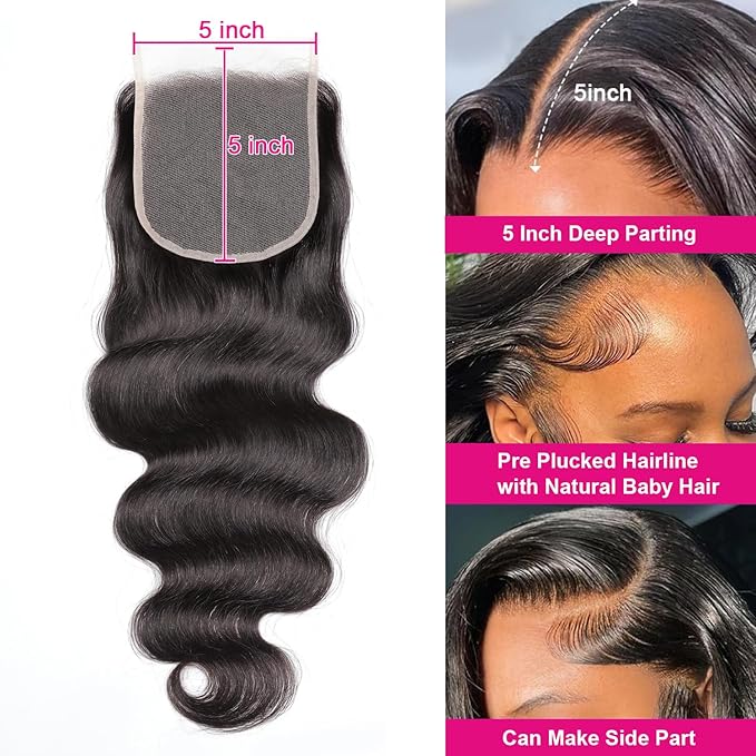 Body Wave 5x5 Transparent Lace Closure 100% Human Hair Invisible 5x5 Lace Closure 12A Brazilian Virgin Remy Human Hair Frontal Closure Pre Plucked Natural Color 20 Inch