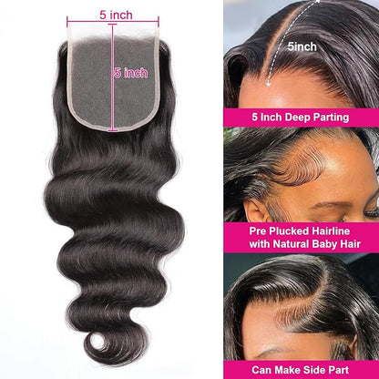 Body Wave 5x5 Transparent Lace Closure 100% Human Hair Invisible 5x5 Lace Closure 12A Brazilian Virgin Remy Human Hair Frontal Closure Pre Plucked Natural Color 20 Inch