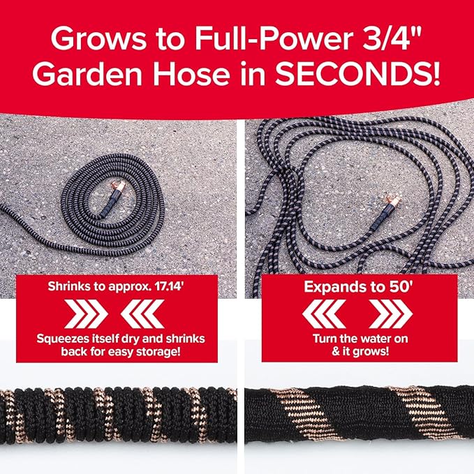 Pocket Hose Copper Bullet Expandable Garden Hose 50 FT w/10 Pattern Thumb Spray Nozzle AS-SEEN-ON-TV 650psi 3/4 in Patented Lead-Free Ultra-Lightweight Solid Copper Anodized Aluminum Fittings No-Kink