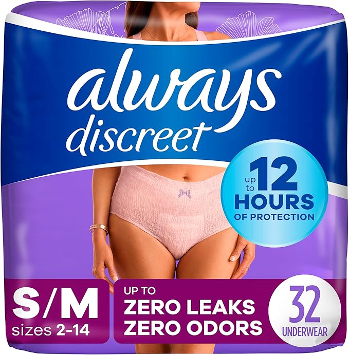 Always Discreet Incontinence  Postpartum Incontinence Underwear for Women, SmallMedium, Maximum Protection, 32 Count