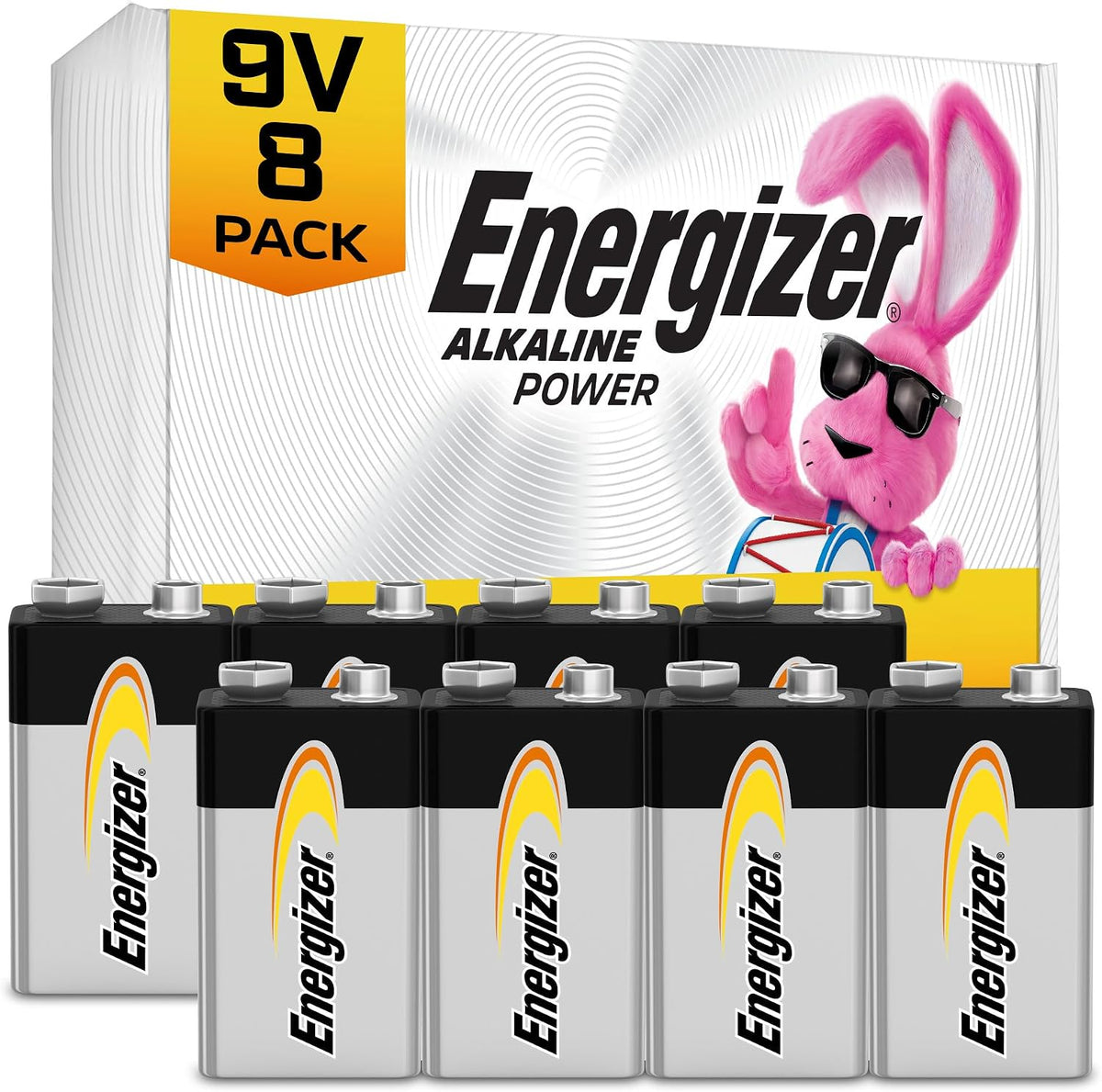 Energizer Alkaline Power 9 Volt Batteries (8 Pack), Long-Lasting Alkaline 9V Batteries
