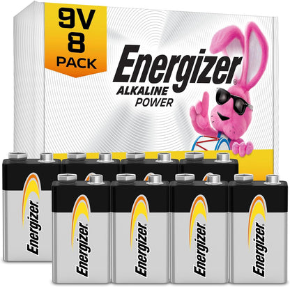 Energizer Alkaline Power 9 Volt Batteries (8 Pack), Long-Lasting Alkaline 9V Batteries