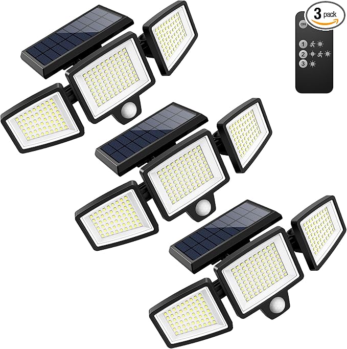 Tuffenough Solar Outdoor Lights 2500LM 210 LED Security Lights with Remote Control,3 Heads Motion Sensor Lights, IP65 Waterproof,270° Wide Angle Flood Wall Lights with 3 Modes(3 Packs