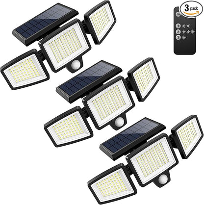Tuffenough Solar Outdoor Lights 2500LM 210 LED Security Lights with Remote Control,3 Heads Motion Sensor Lights, IP65 Waterproof,270° Wide Angle Flood Wall Lights with 3 Modes(3 Packs