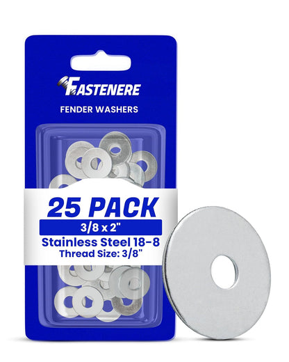Fastenere Fender Washers 3/8 x 2 (25 Pack), Large Diameter, 18-8 Stainless Steel Plain Finish, Corrosion Resistant, High Tensile Strength Metal Hardware for Automotive and Construction Projects