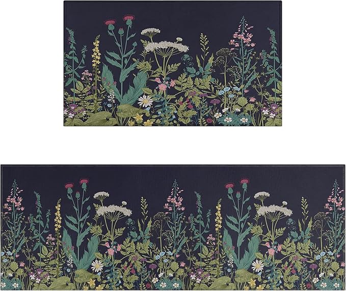 Farmhouse Kitchen Rugs and Mats Sets of 2, Weeds Floral Kitchen Decoration Rubber Backing Non-Slip Mats for Sink Waterproof Floor Mat for Laundry Room,17x3017x48inch