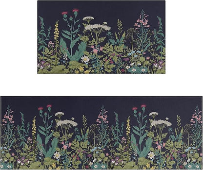 Farmhouse Kitchen Rugs and Mats Sets of 2, Weeds Floral Kitchen Decoration Rubber Backing Non-Slip Mats for Sink Waterproof Floor Mat for Laundry Room,17x3017x48inch