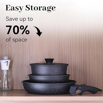 5PCS Pots and Pans Set Non Stick, Kitchen Cookware Sets with Detachable Handle, Ceramic Cookware Sets, Non Stick RV Cookware Cooking Set, Dishwasher ï¼† Oven Safe, PFOA Free, Black
