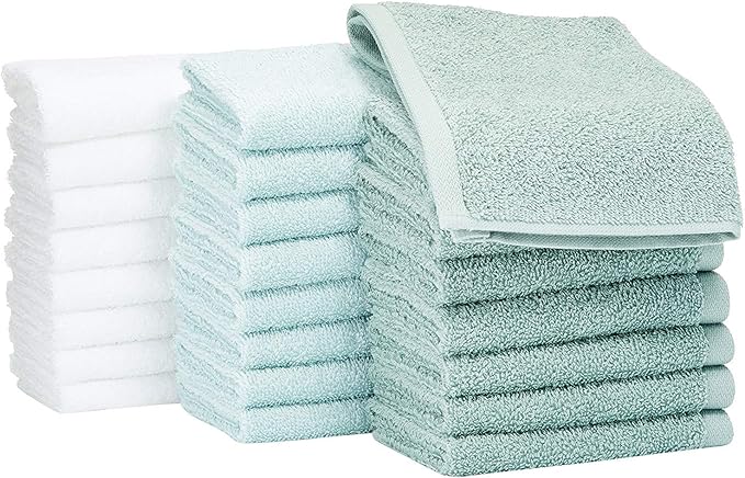 Basics face Towels for bathroom, 100 Cotton Extra Absorbent washcloth, Fast Drying - salon towel - 24 Pack (12 x 12 inches), Seafoam Green, Ice Blue, White