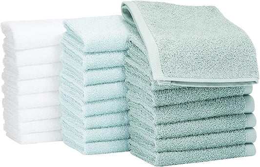 Basics face Towels for bathroom, 100 Cotton Extra Absorbent washcloth, Fast Drying - salon towel - 24 Pack (12 x 12 inches), Seafoam Green, Ice Blue, White