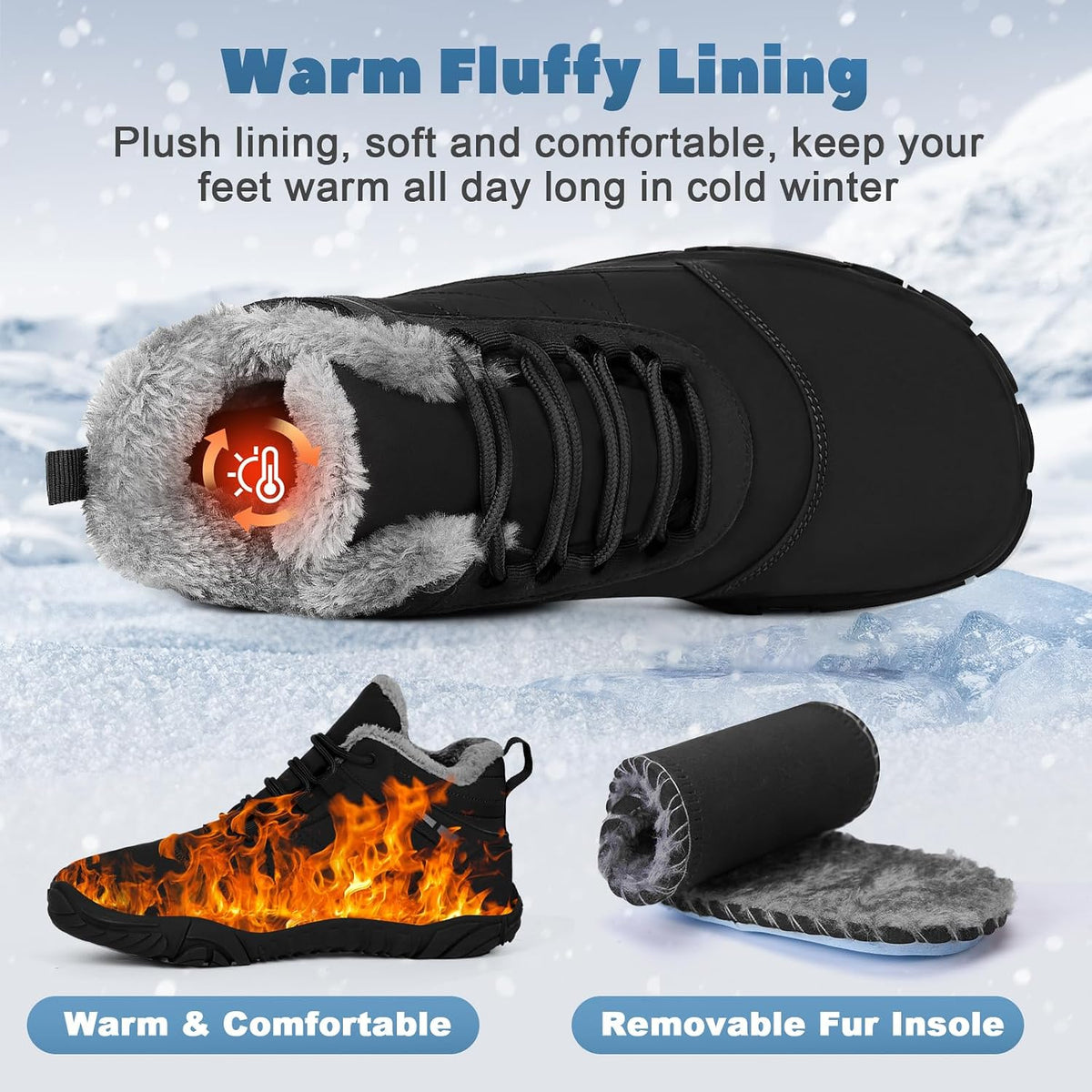 Hike Winter Footwear Barefoot Boots Mens Womens, Waterproof Winter Snow Boots, Warm Ankle Booties, Wide Toe Barefoot Hiking Boots, Non-Slip Zero Drop Sole Hike Shoes for Hiking Walking Outdoor