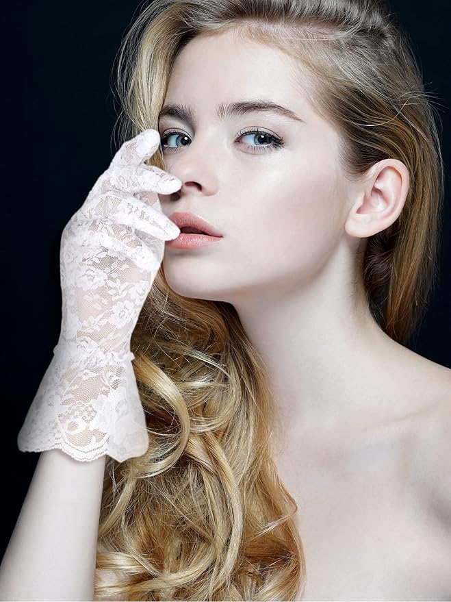 SATINIOR Ladies Lace Gloves for Women Tea Party Elegant Short Courtesy Gloves for Wedding Dinner Opera Parties