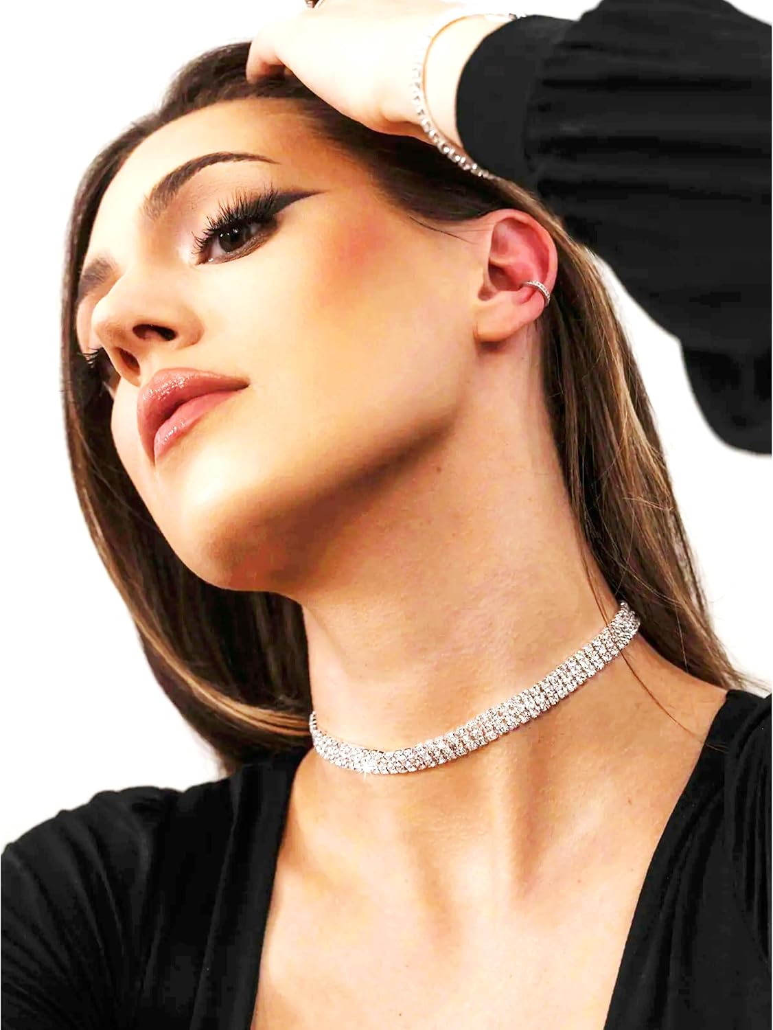 Cryshimmer 5 Pieces Rhinestone Choker Necklaces for Women Silver Gold Plated Tennis Necklaces Dainty Crystal Choker Set Jewelry