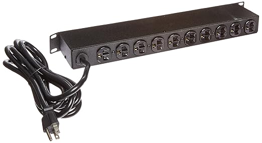 Hubbell Wiring Systems HPWPWR Cold Rolled Steel Power Strip with Switch and 10' Cable, NEMA 5-15R Plug, Flush Rack Mount, 19" Length, 15A120V, 10 Rear Outlet, Black