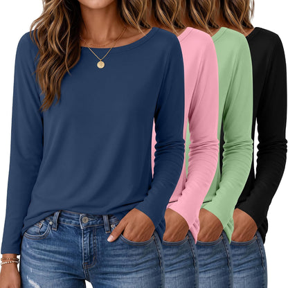 Neer 4 Pack Women's Long Sleeve Shirts Boat Neck Loose Fit Tunic Tops Casual Basic Layer Clothes for Ladies Outfits