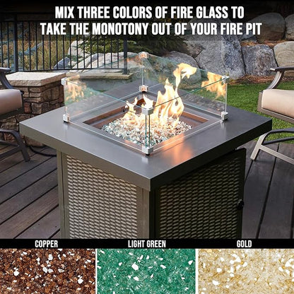 Skyflame 10-Pound Blended Fire Glass for Fire Pit Fireplace Landscaping - 14 Inch Reflective Tempered Fireglass Gold, Light Green, Copper
