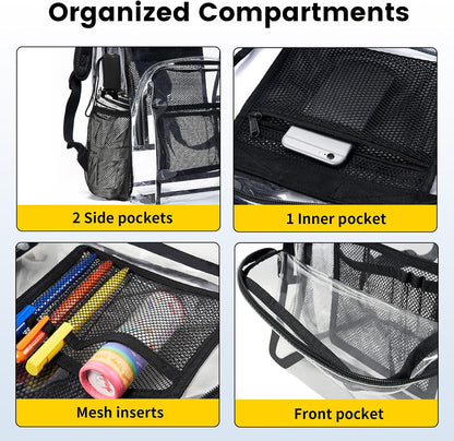 Vorspack Clear Backpack Heavy Duty PVC Transparent Backpack with Reinforced Strap Stitches & Large Capacity for College Workplace Security - Black