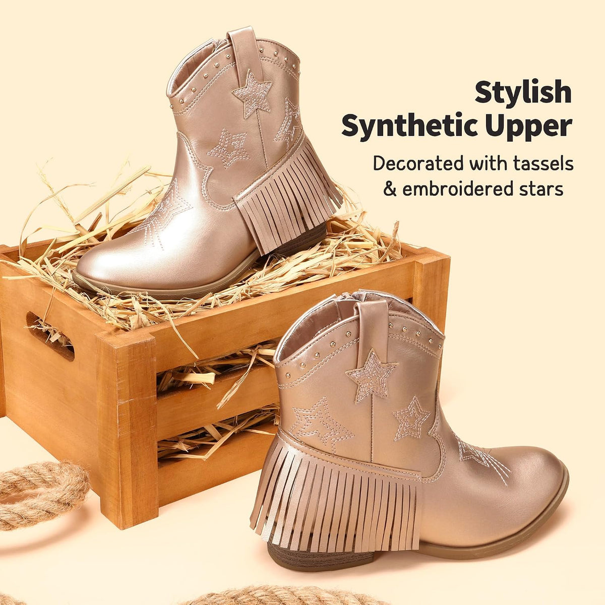 DREAM PAIRS Girls Cowboy Cowgirl Western Boots | Tassel star soft lining low-heel ankle cow girl boots pull-on riding shoes with soft lining