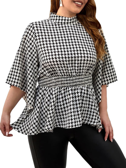 WDIRARA Women's Plus Size Houndstooth Print Plaid Ruch Ruffle Hem High Neck Flare Half Sleeve Casual Blouse Tops.