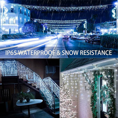 32.8ft 300LED Icicle String Lights Solar Hanging Light 8 Modes Waterproof Icicle Christmas Lights with Remote Decor Curtain Fairy Lights 60 Drops Hanging Decor Home,Party,Wedding (White)