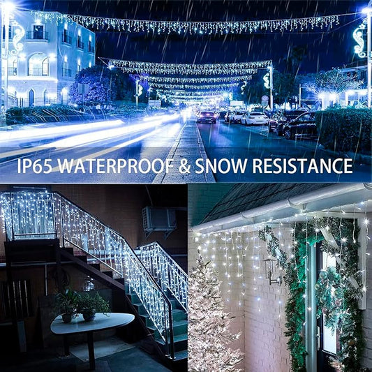 32.8ft 300LED Icicle String Lights Solar Hanging Light 8 Modes Waterproof Icicle Christmas Lights with Remote Decor Curtain Fairy Lights 60 Drops Hanging Decor Home,Party,Wedding (White)