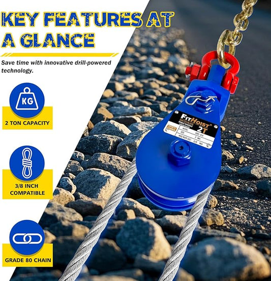 2 Ton Snatch Block with G80 Chain | 3'' Sheave for 3/8" Inch Wire Rope | Pulley Block with Shackle for Heavy Duty Towing and Recovery Equipment | Tow Truck Rollback Wrecker Car Hauler Winch