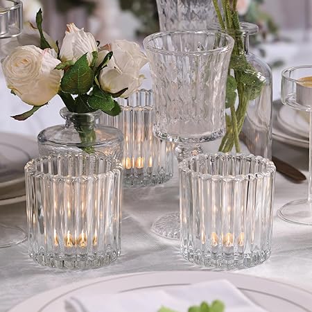 8pcs Large Clear Votive Candle Holders, 2.95"2.95" Ribbed Votive Candle Holder, Tealight Candle Holders for Votives, Floatings, Glass Candle Holder for Wedding, Table Centerpieces