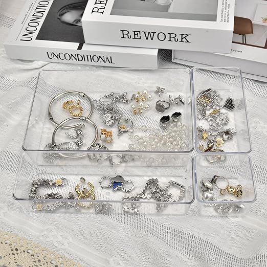 Drawer Organizers Set of 15, 4 Sizes Clear Plastic Drawer Organizers and Storage Bins for Kitchen, Bathroom, Office, Dresser Desk Drawer Organizer Tray for Jewelry, Makeup, Junk, Gadgets