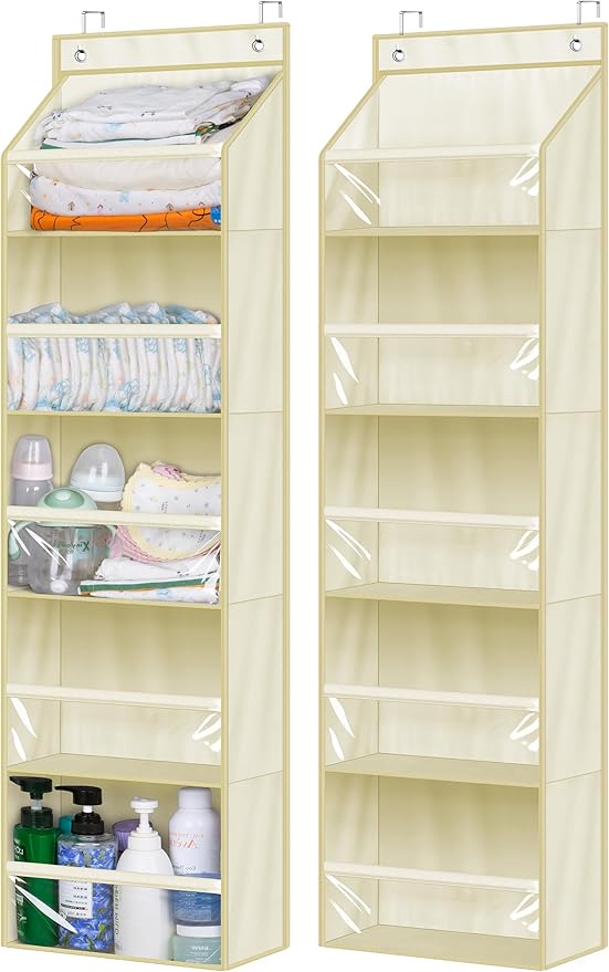 AOODA 1 Pack Over the Door Organizer, Large Capacity Closet Door Hanging Organizer, Clear Deep Pockets Baby Storage for Nursery, Bathroom, Bedroom, Pantry, Diapers (Light Beige)
