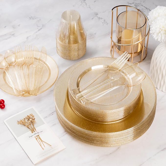 Goodluck 50 Pack Gold Glitter Plastic Forks, Heavy Duty Gold Glitter Forks Disposable, Gold Glitter Plastic Cutlery Perfect for Weddings, Parties, Dinners and Christmas