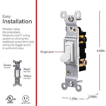 GE Grounding Toggle Switch, Single Pole, In Wall OnOff Fan  Light Switch Replacement, 15 Amp, Great for Home, Office  Kitchen, UL Listed, White, 54161