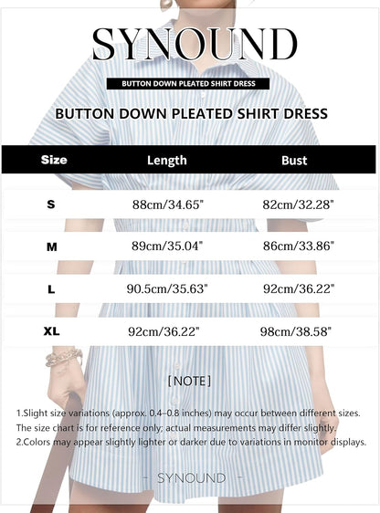 synound Women’s Button Front Down Pleated Shirt Dress Summer Casual Striped Short Sleeve Blouse Mini Dresses
