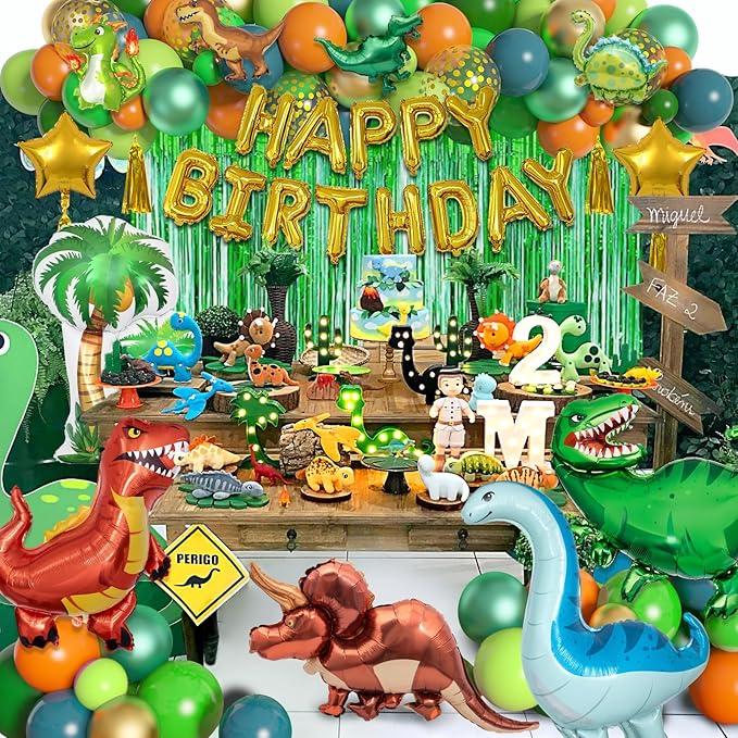 Dinosaur birthday party decoration supplies, 125 pieces of dinosaur balloons, green, orange, blue, happy birthday balloon garland arch kit, balloon curtain of
