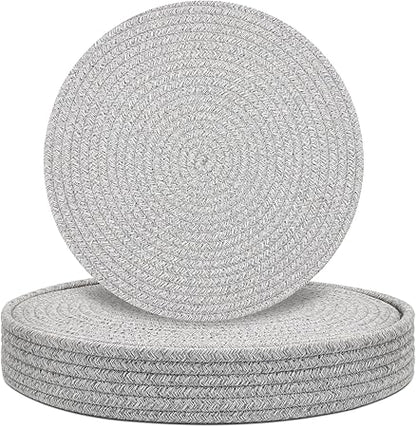 Round Placemats Set of 6 with Holder, Cotton Rope Woven Place Mats, Hot Pads for Kitchen, Heat Resistant Table Mats, 13 Inch Farmhouse Washable Braided Placemat for Kitchen Decor (Gray)