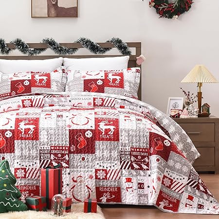 Newspin Christmas Quilt Set Queen Size, Soft Reversible Quilted Christmas Bedspread Coverlet Lightweight FullQueen Quilt Bedding Sets with Xmas Santa Tree Snowman Red Plaid Patchwork Pattern