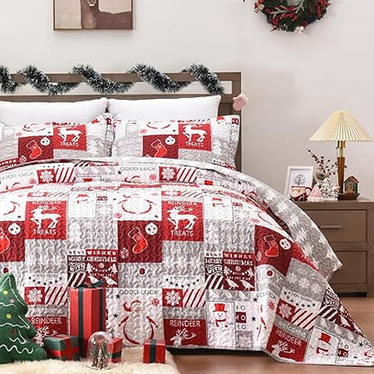 Newspin Christmas Quilt Set Queen Size, Soft Reversible Quilted Christmas Bedspread Coverlet Lightweight FullQueen Quilt Bedding Sets with Xmas Santa Tree Snowman Red Plaid Patchwork Pattern