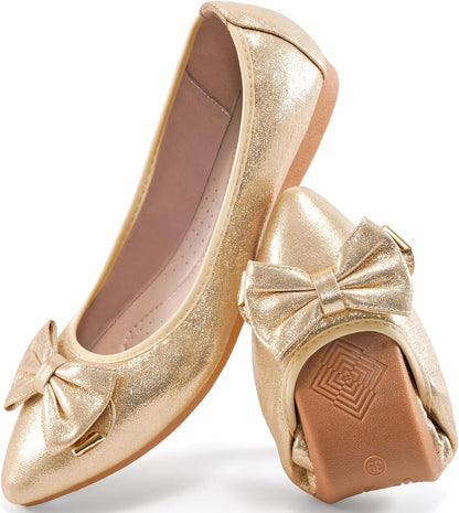 FUDYNMALC Womens Ballet Flats 2026: Foldable Dressy Slip On Shoes All-Day Comfort Bowknot Pointed Toe Loafers for Work Office Wedding