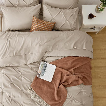 Bedsure Queen Comforter Set Beige - Bed in a Bag Queen Size 7 Pieces, GentleSoftTM Pintuck Bed Set Gift for Family, Pinch Pleat Beige Comforter with Sheets, Pillowcases  Shams