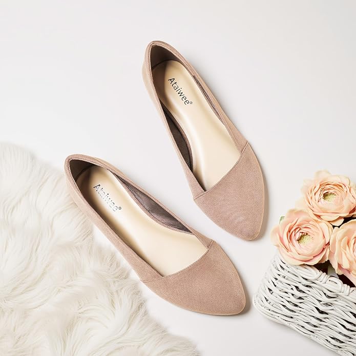 Ataiwee Women's Wide Width Flat Shoes Pointed Ballet Flats | Elegant Faux Suede Slip-On Flats with Anti-Slip Sole for Office.