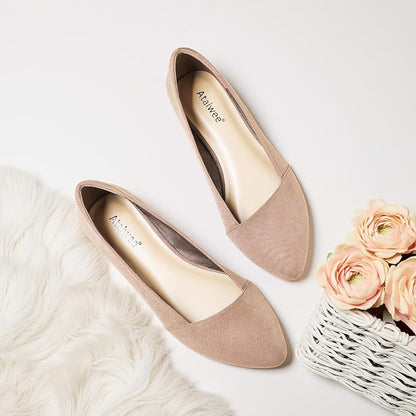 Ataiwee Women's Wide Width Flat Shoes Pointed Ballet Flats | Elegant Faux Suede Slip-On Flats with Anti-Slip Sole for Office.
