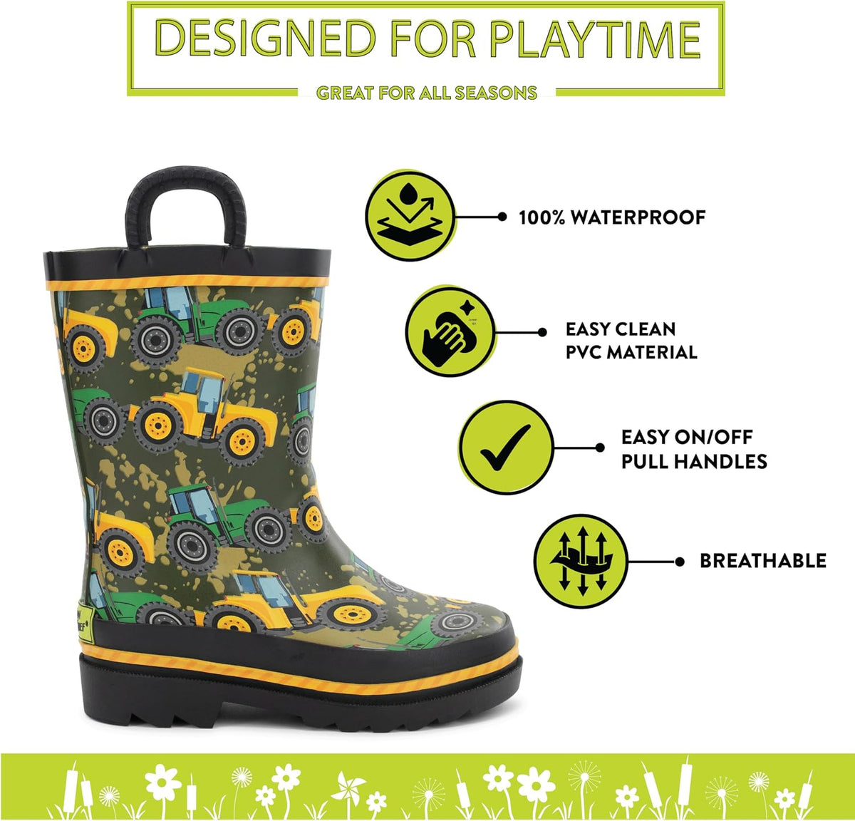 These waterproof rain boots from Western Chief are perfect for kids - made with durable rubber, a comfortable lining, and easy pull-on handles.
